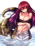  breasts crop_top forked_tongue gradient_hair hair_ornament lamia large_breasts midriff monster_girl multicolored_hair red_hair smile snake_tail solo tail tongue tousen 