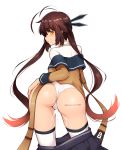  1girl ass bangs black_skirt bloody0rabby blush body_writing brown_hair contrapposto cum cum_in_pussy cumdrip eyebrows_visible_through_hair from_behind girls_frontline gradient_hair hand_on_hip highres long_hair long_sleeves looking_at_viewer looking_back m14_(girls_frontline) mole_on_ass multicolored_hair off_shoulder panties pout red_hair shirt skirt skirt_pull solo sweat thighhighs twintails underwear very_long_hair white_background white_legwear white_panties white_shirt yellow_eyes 
