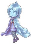  1girl blue_eyes blue_hair blue_skin cape chibi empty_eyes female fi full_body high_heels nintendo porocha simple_background solo the_legend_of_zelda the_legend_of_zelda:_skyward_sword zelda_musou 