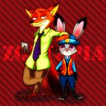  anthro canine clothing cute disney duo female fox fur green_eyes grey_fur judy_hopps lagomorph long_ears male mammal nick_wilde orange_fur police_uniform purple_eyes rabbit size_difference standing uniform zootopia 梅味れんこん 