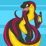  2016 anthro bent_over black_eyes black_scales blue_background claws fangs female fivel flat_chested forked_tongue green_sclera hi_res looking_at_viewer nude open_mouth pink_scales reptile scales scalie simple_background slit_pupils smile snake solo spots stripes tongue tongue_out wide_hips yellow_scales 