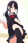  1girl black_eyes black_hair black_socks blush female long_hair looking_at_viewer matsunaga_kouyou miniskirt original skirt socks solo white 