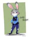  anthro blush clothing cute disney english_text female fur grey_fur happy judy_hopps kaho lagomorph long_ears looking_at_viewer mammal police_uniform purple_eyes rabbit smile solo standing text uniform zootopia 