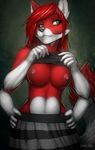  4_arms anthro avoid_posting breasts canine clothing female green_eyes hair low_res mammal multi_arm multi_limb nipples red_hair skirt solo strype 