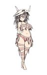  bare_arms bare_shoulders barefoot breasts closed_mouth curvy grey_hair highres hips large_breasts mercury original panties red_panties simx skull solo thick_thighs thighs torn_clothes tribal underboob underwear white_background wide_hips 