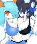  2015 anthro bailey_(kirbot12) big_breasts big_butt blue_eyes blush bow bra breast_docking breast_squish breasts butt cleavage clothed clothing duo emolga female female/female hi_res huge_breasts huge_butt humanoid jewelry kirlia lingerie looking_at_viewer necklace nintendo orange_eyes panties pok&eacute;mon rui_(sugaru) short_stack smile sugaru thick_thighs underwear video_games voluptuous 
