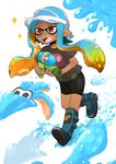  bike_shorts blue_hair boots brown_eyes commentary dark_skin ink inkling kamonari_ahiru open_mouth shin_guards smile solo sparkle splashing splatoon_(series) splatoon_1 splattershot_(splatoon) squid super_soaker tentacle_hair visor_cap water_gun 