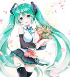  beamed_eighth_notes between_breasts bouquet breasts detached_sleeves eighth_note flower green_eyes green_hair hatsune_miku headset highres long_hair medium_breasts musical_note nail_polish necktie necktie_between_breasts open_mouth petals quarter_note sibyl skirt solo thigh_gap thighhighs twintails very_long_hair vocaloid 
