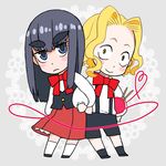  1girl black_hair blonde_hair blue_eyes blush_stickers chibi child eugenio2nd eyebrows full_body glasses heart heart_of_string iori_shirou kill_la_kill kiryuuin_satsuki locked_arms long_hair red_string ribbon skirt string suspenders thick_eyebrows vest younger 