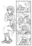  2girls bbb_(friskuser) comic girls_und_panzer highres hug itsumi_erika kuromorimine_school_uniform loafers long_sleeves miniskirt monochrome multiple_girls nishizumi_maho pleated_skirt school_uniform shirt shoes sitting skirt sleeping sleepy socks translation_request waking_up 