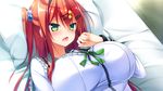  1girl artist_request bed blush breasts character_request game_cg green_eyes hanikami_clover large_breasts long_hair lying on_back open_mouth pillow red_hair side_ponytail solo source_request 