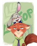  annoyed blush canine cute disney female fox fur green_eyes grey_fur interspecies judy_hopps kaho lagomorph long_ears male mammal nick_wilde one_eye_closed orange_fur predator/prey_relations purple_eyes rabbit size_difference wink zootopia 