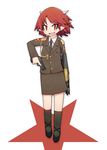  brown_jacket brown_skirt bullpup commentary_request gun handgun highres horns jacket kamonari_ahiru military military_uniform necktie open_mouth original p90 pistol red_eyes red_hair skirt socks solo star submachine_gun trigger_discipline uniform weapon 