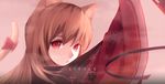 2015 :o animal_ears arm_up artist_name bagus_casbon bow brown_background cat_ears cat_tail expressionless floral_print highres japanese_clothes kimono long_hair long_sleeves open_mouth orange_hair original red_bow red_eyes simple_background solo tail tail_bow tareme upper_body wide_sleeves yukata 