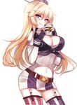  :q bangs belt blonde_hair blue_eyes breasts cleavage coffee coffee_cup cowboy_shot cup disposable_cup elbow_gloves eyebrows eyebrows_visible_through_hair fingerless_gloves front-tie_top garter_straps gloves hair_between_eyes headgear holding iowa_(kantai_collection) kantai_collection large_breasts licking_lips long_hair looking_at_viewer mallizmora miniskirt mismatched_legwear navel simple_background skirt smile solo star star-shaped_pupils stomach striped striped_legwear symbol-shaped_pupils thighhighs tongue tongue_out vertical-striped_legwear vertical_stripes white_background zettai_ryouiki 