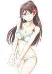  alternate_costume amagi_(kantai_collection) bra breasts brown_eyes brown_hair green_bra green_panties hair_between_eyes highres kantai_collection large_breasts leaf long_hair looking_at_viewer maple_leaf mole mole_under_eye navel panties ponytail simple_background smile solo stomach underwear underwear_only vent_arbre 
