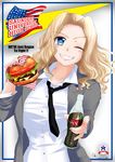  2016 ;d america american_flag blonde_hair blue_eyes blush breasts coca-cola commentary_request dated english food girls_und_panzer glass_bottle hamburger highres ibara_azuki kay_(girls_und_panzer) large_breasts lettuce nail_polish necktie one_eye_closed open_mouth pickle saunders_school_uniform smile solo teeth tomato 