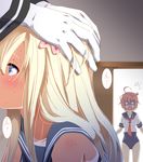  1boy 2girls admiral_(kantai_collection) bare_shoulders blonde_hair blue_eyes blue_swimsuit blush close-up commentary_request dark_skin door empty_eyes flower food from_side gloves hair_between_eyes hair_flower hair_ornament hairband hands_on_another's_head hetero hibiscus i-58_(kantai_collection) implied_fellatio indoors kantai_collection legs_apart long_hair long_sleeves md5_mismatch multiple_girls mushi_gyouza o_o out-of-frame_censoring profile rectangular_mouth ro-500_(kantai_collection) school_swimsuit sexually_suggestive shaded_face shirt sleeve_cuffs sleeveless sleeveless_shirt standing surprised sweat sweatdrop swimsuit swimsuit_under_clothes tan tanline tareme turn_pale umaibou walk-in white_gloves white_shirt 