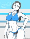  1girl abs artist_name black_hair breasts collarbone female grey_eyes hand_on_hip looking_at_viewer navel nintendo panties ponytail solo sports_bra white_skin wii_fit wii_fit_trainer zeromomentai 