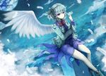  bangs brooch cloud dress expressionless feathered_wings feathers furapechi highres jewelry kishin_sagume long_sleeves night open_clothes outdoors planet purple_eyes shoes silver_hair single_wing sitting solo touhou white_wings wings 