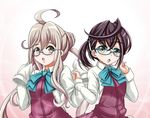  ahoge black_hair commentary double_bun glasses kantai_collection looking_at_viewer makigumo_(kantai_collection) multiple_girls okinami_(kantai_collection) one_side_up school_uniform silver_eyes silver_hair sleeves_past_fingers sleeves_past_wrists tk8d32 