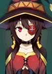  black_hair blush cape eyepatch fingerless_gloves gloves hat highres kono_subarashii_sekai_ni_shukufuku_wo! looking_at_viewer megumin puyo red_eyes short_hair solo steepled_fingers witch_hat 