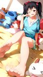  bare_legs barefoot black_hair bow cameo character_doll feet hair_bow highres lilo_&amp;_stitch long_legs looking_at_viewer love_live! love_live!_school_idol_project red_eyes stitch_(lilo_&amp;_stitch) toenails twintails xiao_ren yawning yazawa_nico 