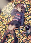  androgynous brown_hair chara_(undertale) closed_eyes commentary english_commentary flower_bed frisk_(undertale) from_above hands heart highres knees_together_feet_apart knees_up long_sleeves lying multiple_others nanahii shoes short_hair shorts socks solo_focus spoilers striped striped_sweater sweater undertale watering_can watermark web_address 