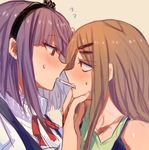  aoki_shizumi blonde_hair blush dagashi_kashi endou_saya face-to-face hair_ornament hairband hairclip hand_on_another's_chin imminent_kiss long_hair looking_at_another multiple_girls open_mouth purple_eyes purple_hair shidare_hotaru short_hair sweat yuri 