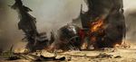  burning damaged desert first_order highres jakku_(star_wars) logo official_art production_art promotional_art realistic science_fiction signature smoke space_craft sparks spoilers star_wars star_wars:_the_force_awakens starfighter tie_fighter wreckage 