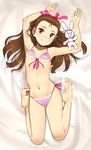  armpits arms_up bare_legs barefoot bikini blush breasts brown_eyes brown_hair commentary_request feet front-tie_top hairband idolmaster idolmaster_(classic) long_hair looking_at_viewer lying minase_iori navel on_back pettan_p side-tie_bikini small_breasts smile solo striped striped_bikini stuffed_animal stuffed_bunny stuffed_toy swimsuit 