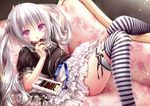  absurdres black_ribbon breasts couch eating frilled_skirt frills highres huge_filesize indoors long_hair lying original purple_eyes ribbon see-through silver_hair skirt small_breasts solo striped striped_legwear thighhighs tinker_bell white_skirt 