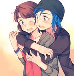  blue_eyes blue_hair brown_hair chloe_price commentary_request couple hachiko_(hati12) hat hug hug_from_behind life_is_strange max_caulfield multiple_girls one_eye_closed open_mouth short_hair yuri 