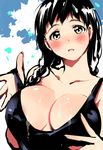  areola_slip areolae black_hair blush braid breasts cleavage green_eyes hair_over_shoulder large_breasts looking_at_viewer original parted_lips solo twin_braids uekan 