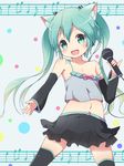  animal_ears beamed_eighth_notes cat_ears detached_sleeves eighth_note flat_chest green_eyes green_hair hatsune_miku long_hair microphone midriff musical_note navel nekono_rin open_mouth pinky_out quarter_note skirt solo strap_slip thighhighs twintails very_long_hair vocaloid younger 