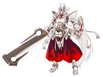  alternate_costume armor commentary_request fangs forehead_jewel full_body garo garo_(series) high_heels highres holding holding_weapon huge_weapon inubashiri_momiji japanese_armor ledjoker07 red_eyes ribbon shield simple_background solo standing sword tail teeth touhou weapon white_background white_hair wolf_tail 