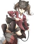  bad_id bad_pixiv_id brown_eyes brown_footwear brown_hair fire hair_between_eyes highres japanese_clothes kantai_collection long_sleeves machinery magatama miyabino_(miyabi1616) platform_footwear ryuujou_(kantai_collection) shoes simple_background skirt solo twintails visor_cap white_background yellow_eyes 