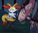  2016 black_fur blush braixen canine clothed clothing darkyamatoman duo ear_tuft faceless_male fangs female fingerless_gloves forest fox fur gloves grass human imminent_sex in_heat looking_at_viewer male mammal mostly_nude nintendo open_mouth penis pok&eacute;mon pussy pussy_juice red_eyes red_fur smile standing teeth tongue tree tuft uncut vein veiny_penis video_games white_fur yellow_fur 