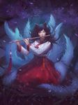 ahri animal_ears black_hair downscaled facial_mark flute fox_ears fox_tail full_body grass hanbok highres instrument korean_clothes league_of_legends long_hair long_sleeves looking_at_viewer md5_mismatch multiple_tails music outdoors petals playing_instrument poenatsha_yuen resized solo tail whisker_markings wind yellow_eyes 