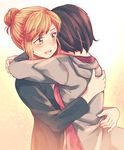  blue_eyes brown_hair commentary hachiko_(hati12) hair_bun hug kate_marsh life_is_strange max_caulfield multiple_girls open_mouth short_hair yuri 