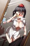  bangs black_hair blush breasts breath cellphone cellphone_camera collarbone collared_shirt female_pov hat highres large_breasts mirror nagase_taii open_clothes open_shirt phone pom_pom_(clothes) pov red_eyes reflection self_shot shameimaru_aya shirt short_hair smile solo thigh_gap tokin_hat touhou undressing white_shirt 