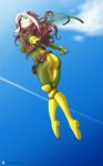  1girl ass belt bodysuit boots breasts brown_hair cropped_jacket flying from_behind gloves green_eyes headband kawa-v knee_boots large_breasts long_hair looking_back marvel multicolored_hair rogue_(x-men) sideboob skin_tight sky smile solo white_hair x-men 