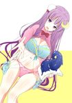  aqua_bra bad_id bad_pixiv_id bangs blunt_bangs book bra breasts cleavage crescent crescent_hair_ornament double_bun hair_ornament holding holding_book large_breasts long_hair looking_at_viewer outstretched_arm panties patchouli_knowledge pink_panties purple_eyes purple_hair shigemiya_kyouhei simple_background solo tentacles touhou underwear very_long_hair 