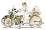  1girl androgynous artist_request hachiyama_(artist) hermes kino kino_no_tabi monochrome motorcycle short_hair solo traditional_media watercolor_(medium) 