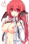  1girl bad_id bad_twitter_id blush breasts demon_girl eyebrows eyebrows_visible_through_hair hair_between_eyes hands_on_own_chest head_wings koakuma large_breasts long_hair long_sleeves looking_at_viewer navel no_bra open_clothes open_shirt pandamonium red_eyes red_hair shirt simple_background sketch solo spoken_exclamation_mark stomach succubus sweatdrop tareme touhou unbuttoned upper_body white_background white_shirt 