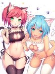  :d :o animal_ears aqua_eyes ass_visible_through_thighs bare_arms bare_shoulders bell black_bra black_legwear black_panties black_ribbon blue_hair blush bra breasts cat_cutout cat_ears cat_lingerie cat_tail choker cleavage cleavage_cutout collarbone cowboy_shot dark_skin green_eyes groin head_tilt highres jingle_bell leaning_forward legs_apart legs_together medium_breasts meme_attire midriff multiple_girls navel open_mouth original panties paw_pose paws red_hair ribbon round_teeth shiny shiny_skin short_hair side-tie_panties simple_background smile sparkle standing stomach tail teeth thigh_gap thighhighs underwear underwear_only white_background white_bra white_legwear white_panties white_ribbon zeolch 