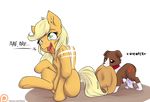  2016 alasou alpha_channel applejack_(mlp) blonde_hair body_swap canine cowboy_hat cutie_mark dog duo earth_pony english_text equine female feral friendship_is_magic green_eyes hair hat hi_res horse mammal mouth_hold my_little_pony open_mouth patreon pony simple_background text tongue tongue_out transparent_background underhoof winona_(mlp) 