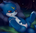  2015 blue_skin blush claws digimon disgruntled eyelashes facial_markings feet female firefly forest frustrated grass hand_on_crotch horn horny legs_up looking_at_self looking_down lying markings meraence night on_back outside red_eyes river rock solo spread_legs spreading sweat tree veemon water white_belly 