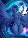  2016 anthro anthrofied areola big_breasts blue_eyes blue_hair blue_skin breasts cutie_mark equine feathered_wings feathers female friendship_is_magic full_moon hair hi_res horn long_hair looking_at_viewer mammal moon my_little_pony navel nipples nude open_mouth princess_luna_(mlp) pussy smile solo spread_wings suirano wide_hips winged_unicorn wings 