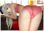  1girl adjusting_clothes adjusting_panties against_object aokabi_(aokabic) ass azur_lane backlighting bangs bent_over beret blue_hair blunt_bangs blurry blurry_background blush bra cameltoe closed_mouth commentary_request crotch_seam curtains depth_of_field desk from_behind frown hair_ornament hair_ribbon hat indoors lace lace-trimmed_bra lace-trimmed_panties lens_flare long_hair looking_at_viewer looking_back mole mole_under_eye panties pink_bra pink_panties ribbon silver_hair solo standing thighs trefoil underwear underwear_only white_ribbon window yellow_eyes z46_(azur_lane) 